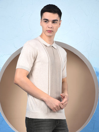 Beige Vertical Stripes Polo Neck T-Shirt