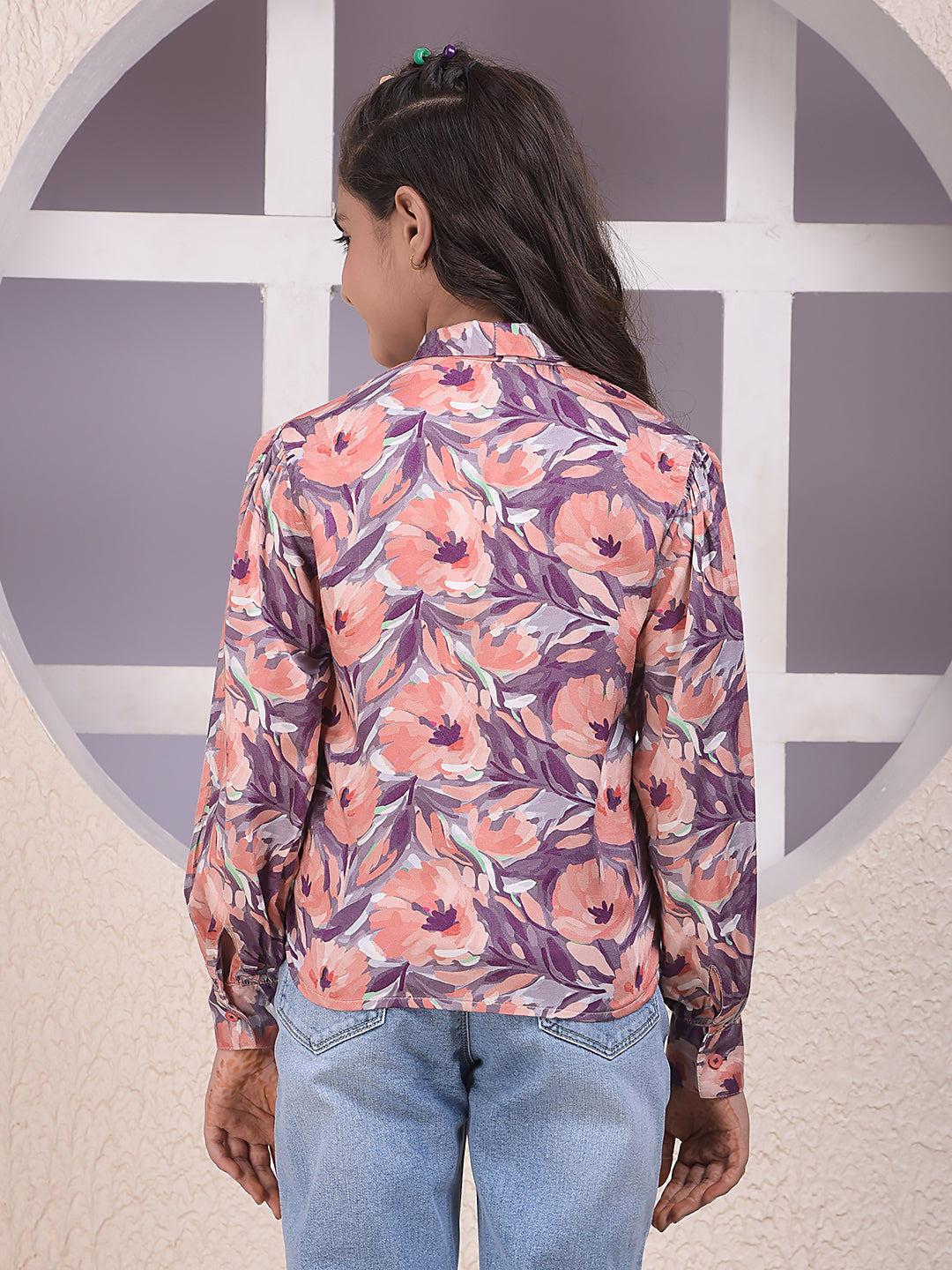 Peach Floral Print Tie-Up Neck Shirt