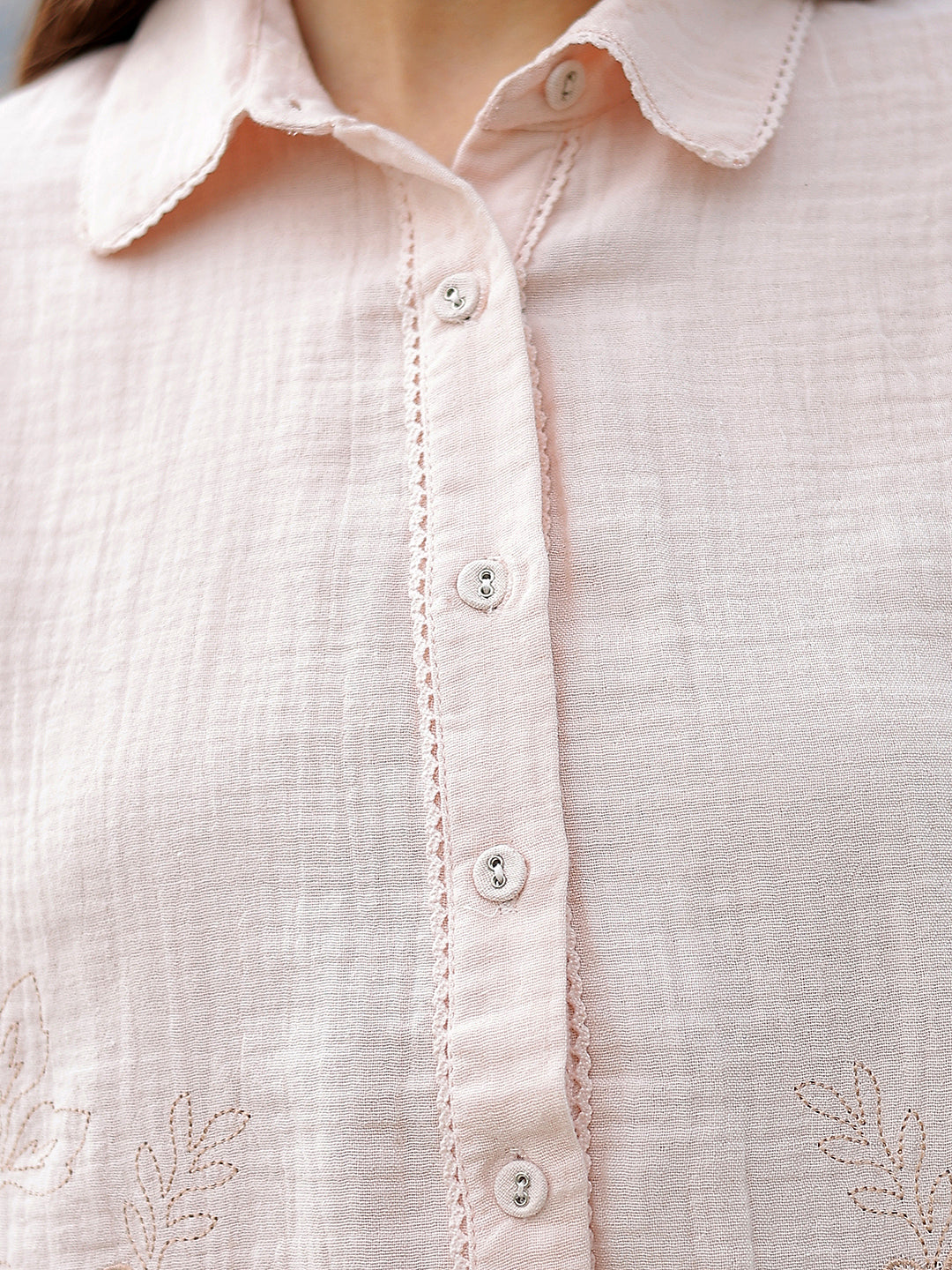 Peach Floral Embroidered 100% Cotton Shirt