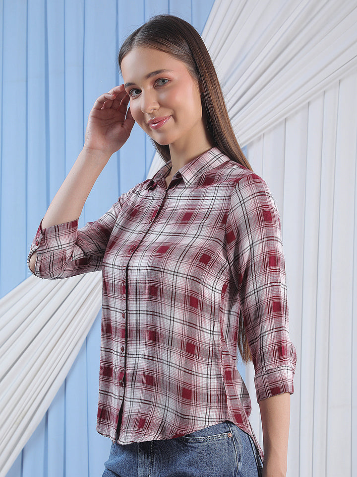 Minimalist Bordeaux Maroon Checked Shirt