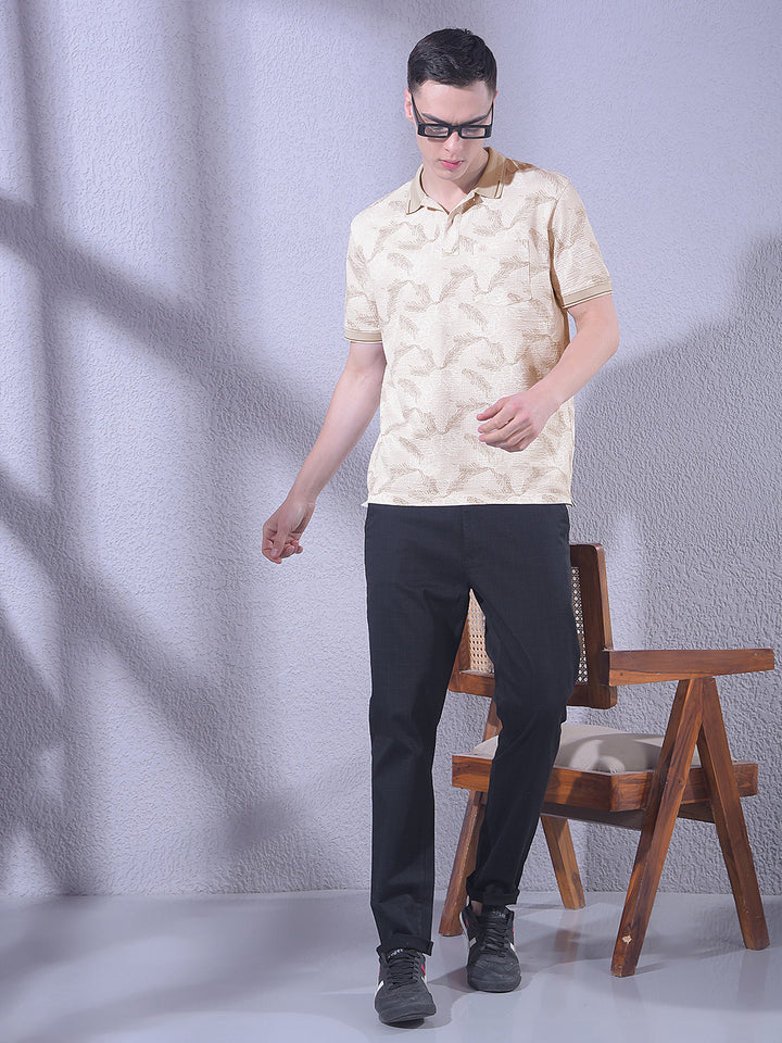 Beige Floral Print Polo Neck T-Shirt