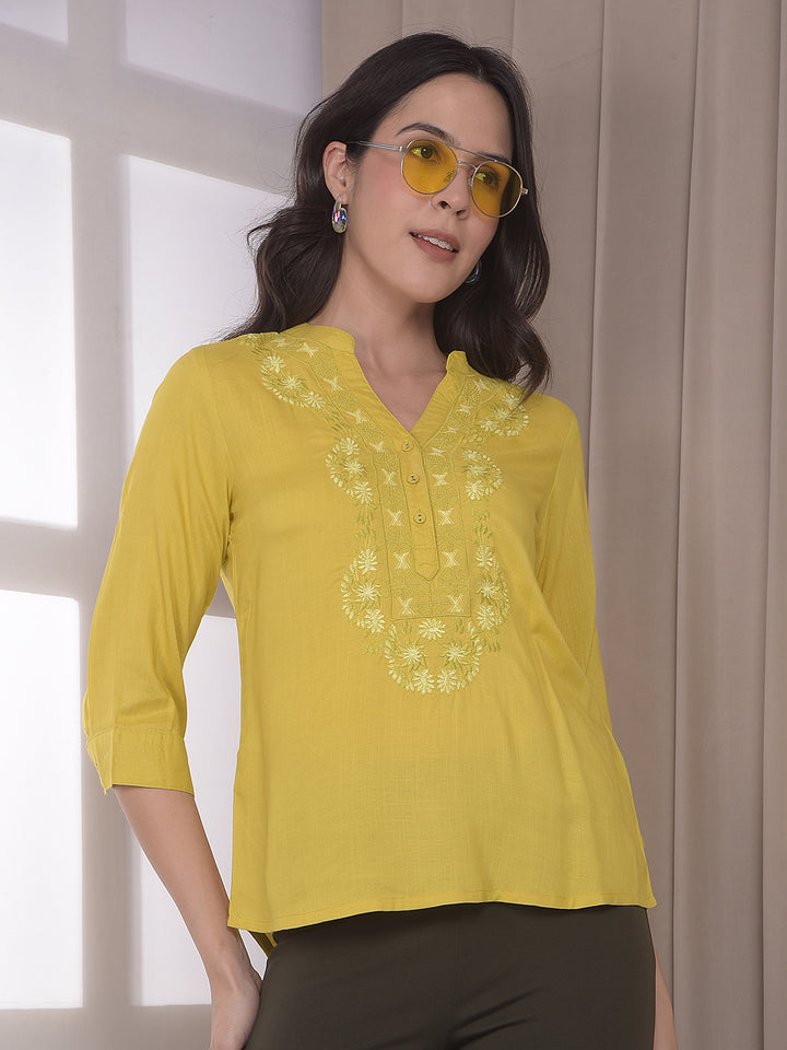 Mustard Embroidered V-Neck Top