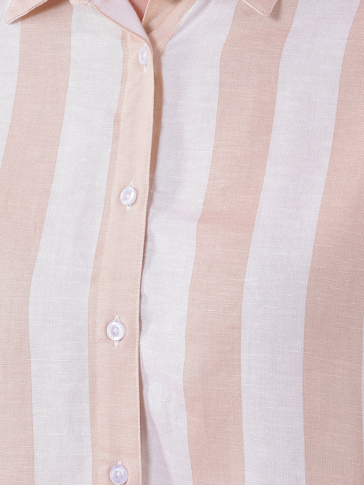 Beige Vertical Stripes Linen Shirt