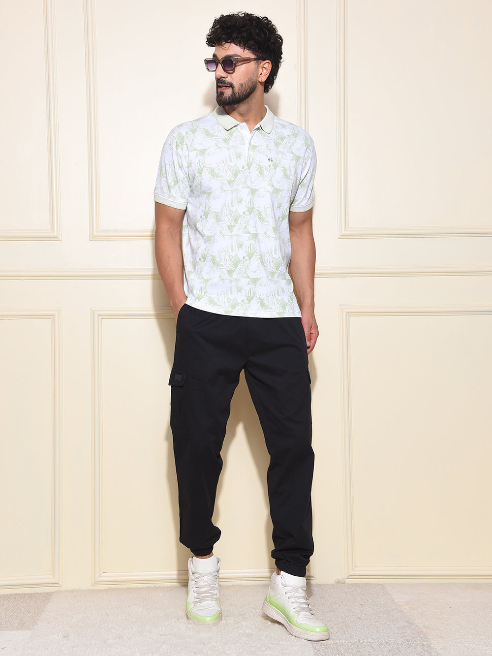 Green Floral Print Polo Neck 100% Cotton T-Shirt