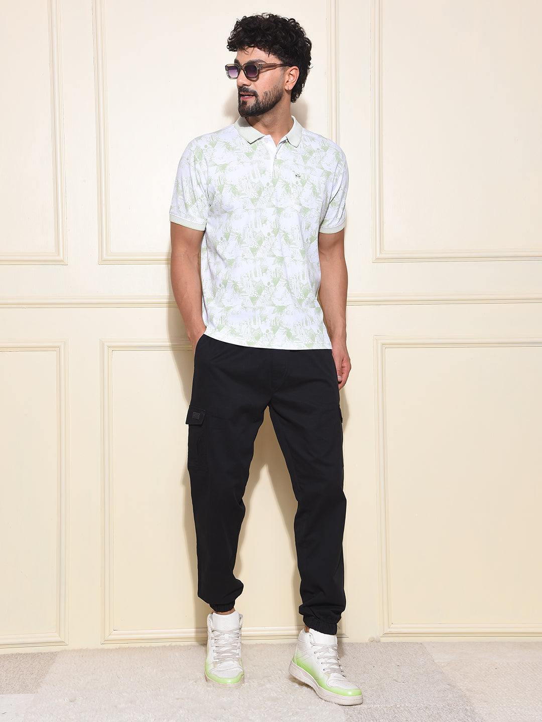 Green Floral Print Polo Neck 100% Cotton T-Shirt