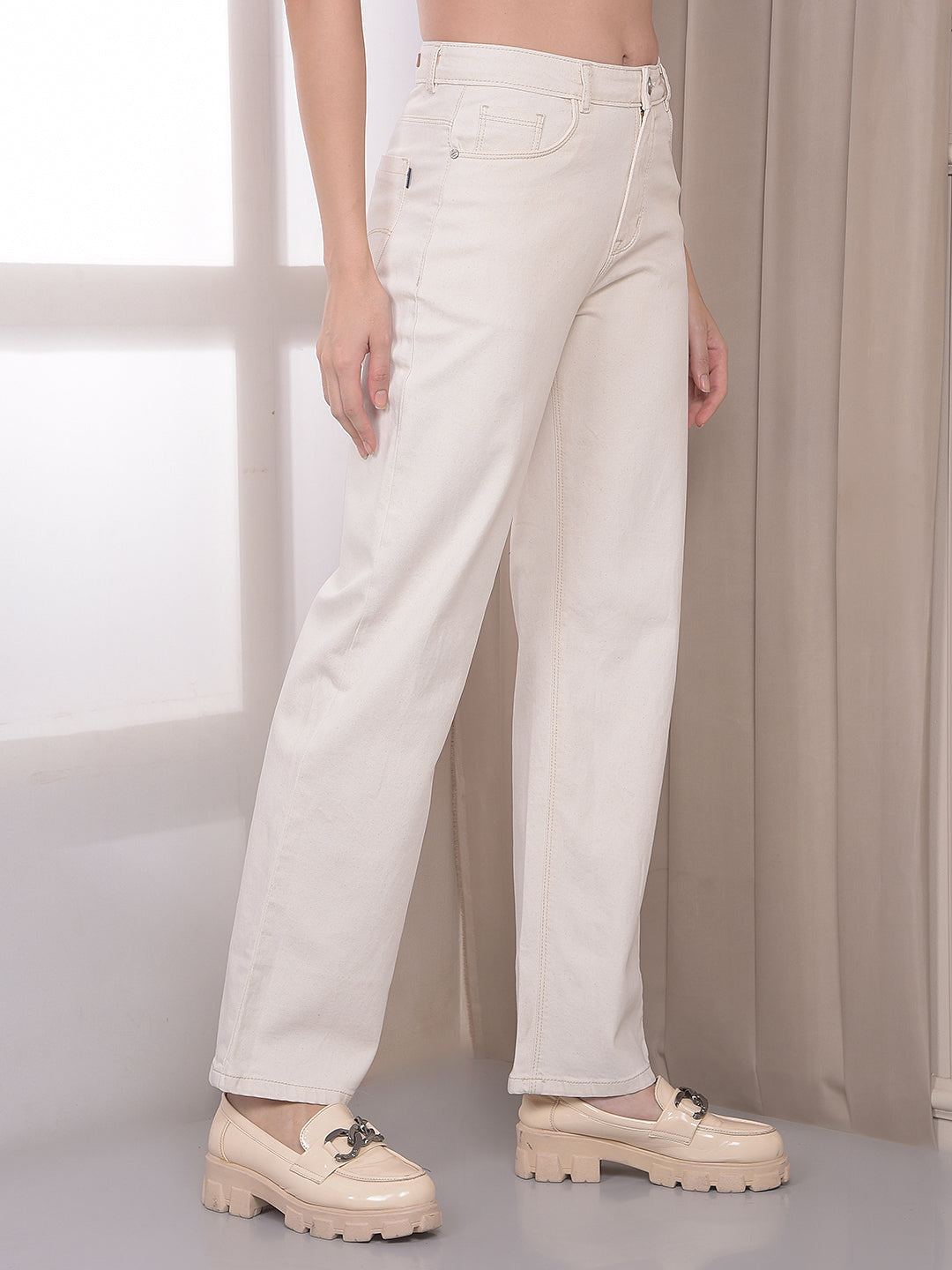 Sand Beige Ankle-Length Jeans