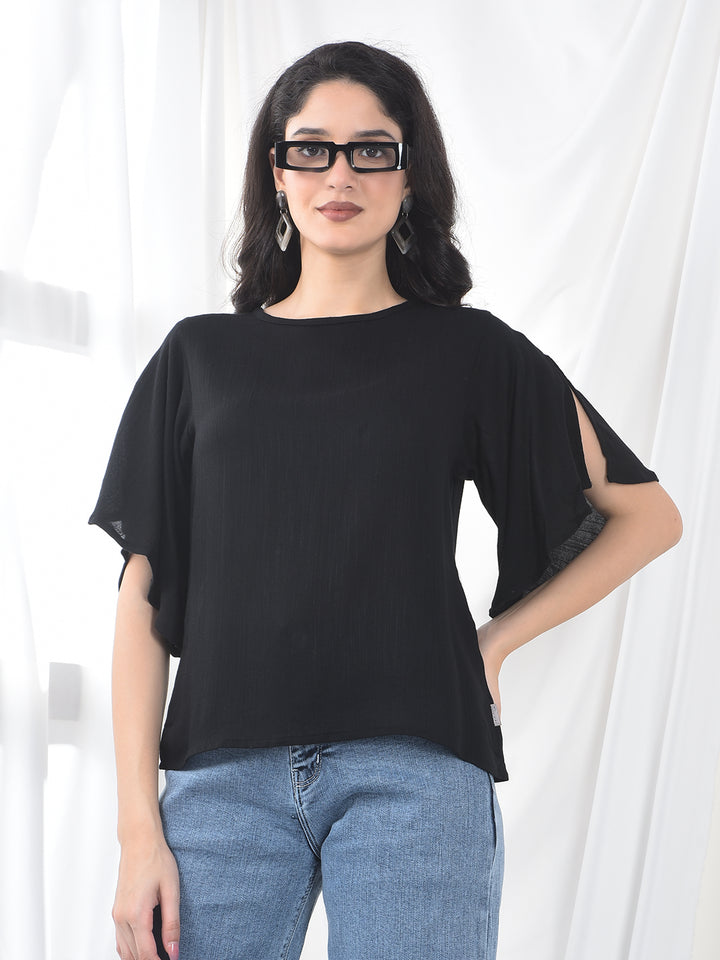 Black Crepe Flutter Sleeve Top