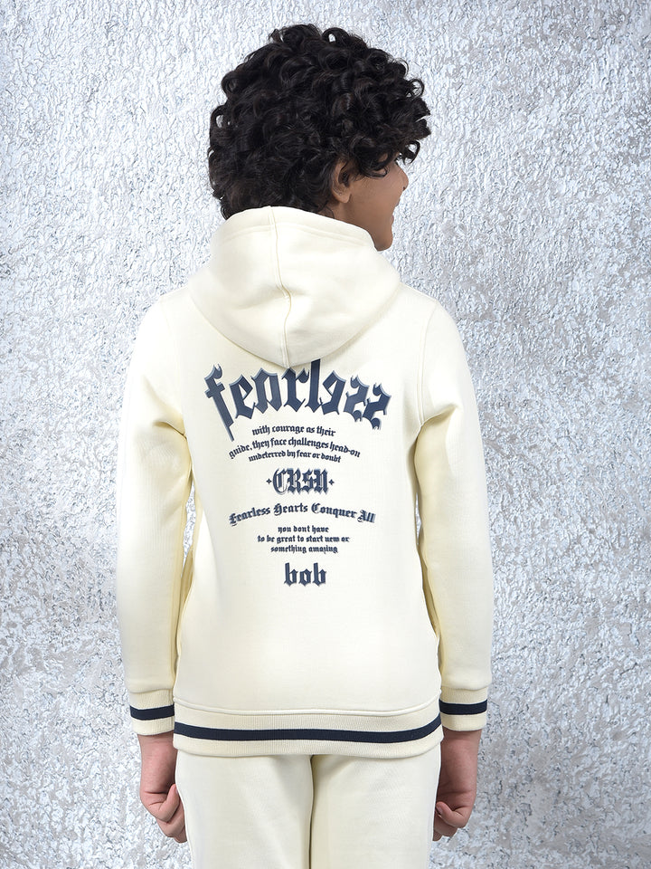 Cream Typographic Print Hooded Neck Sweatshirt