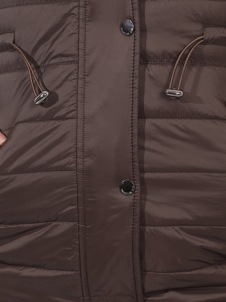 Brown Mid-Thigh Length Parka Hooded Jacket