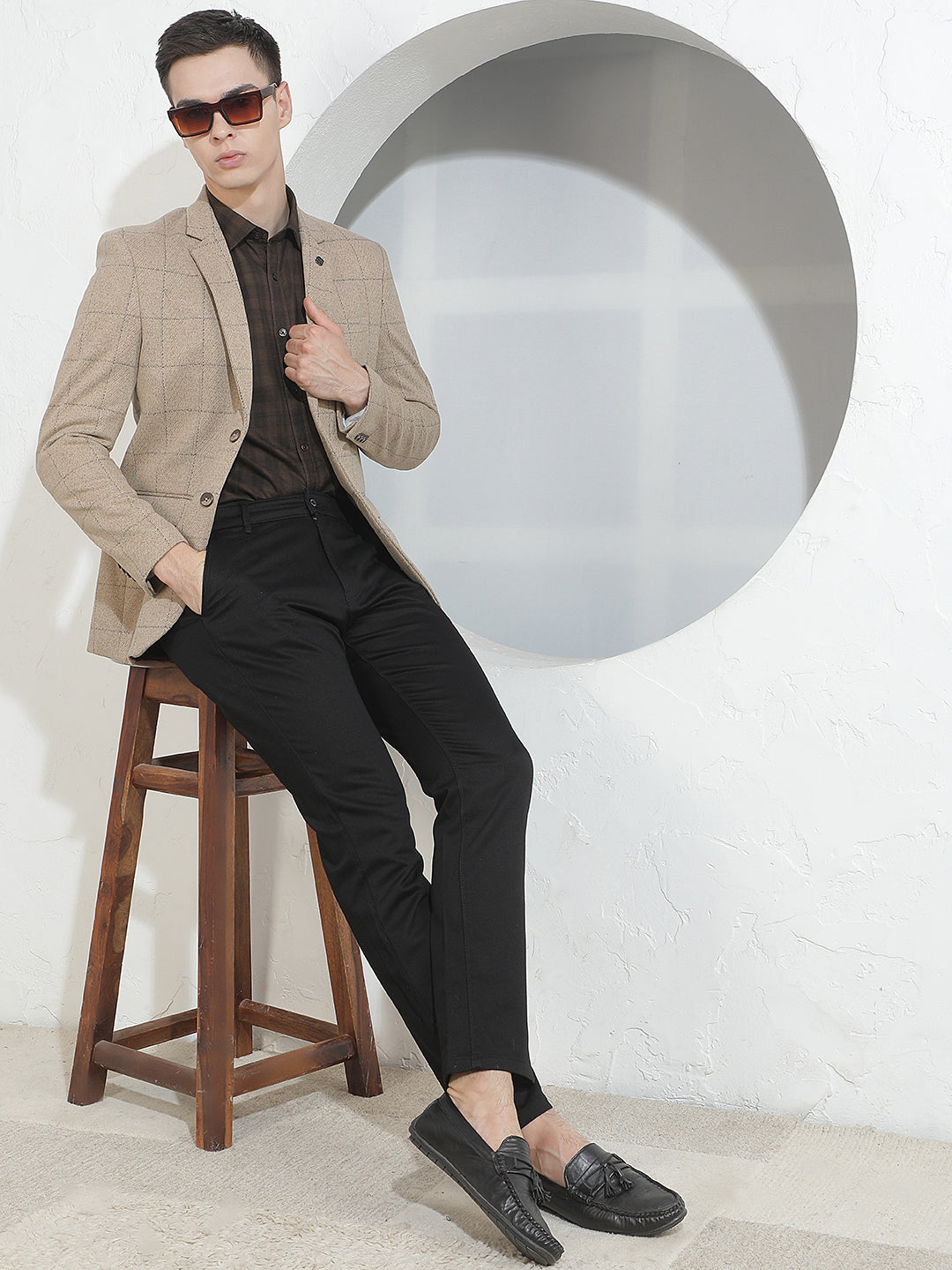 Beige Checked Notched Lapel Blazer
