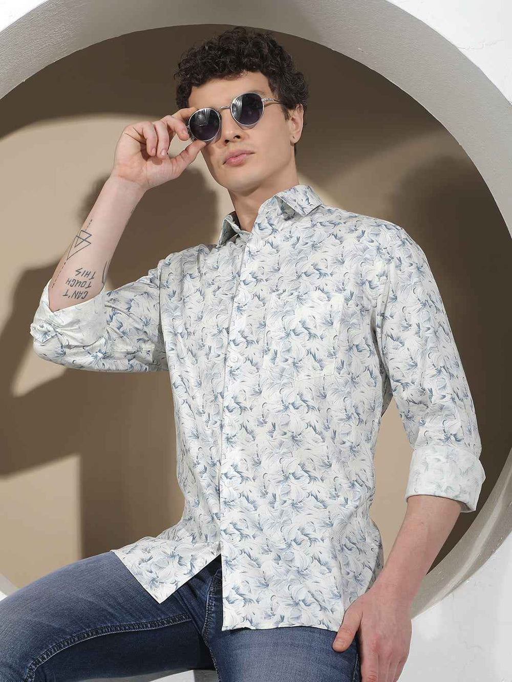 Blue Floral Print 100% Cotton Shirt