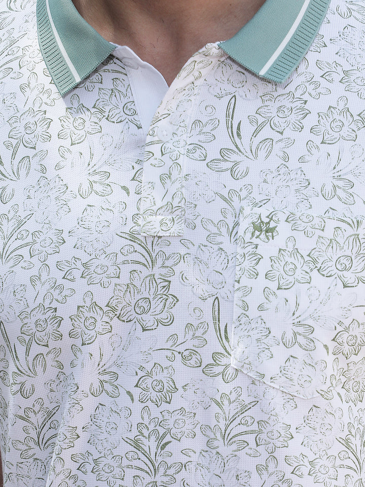 Green Floral Print Polo Neck T-Shirt