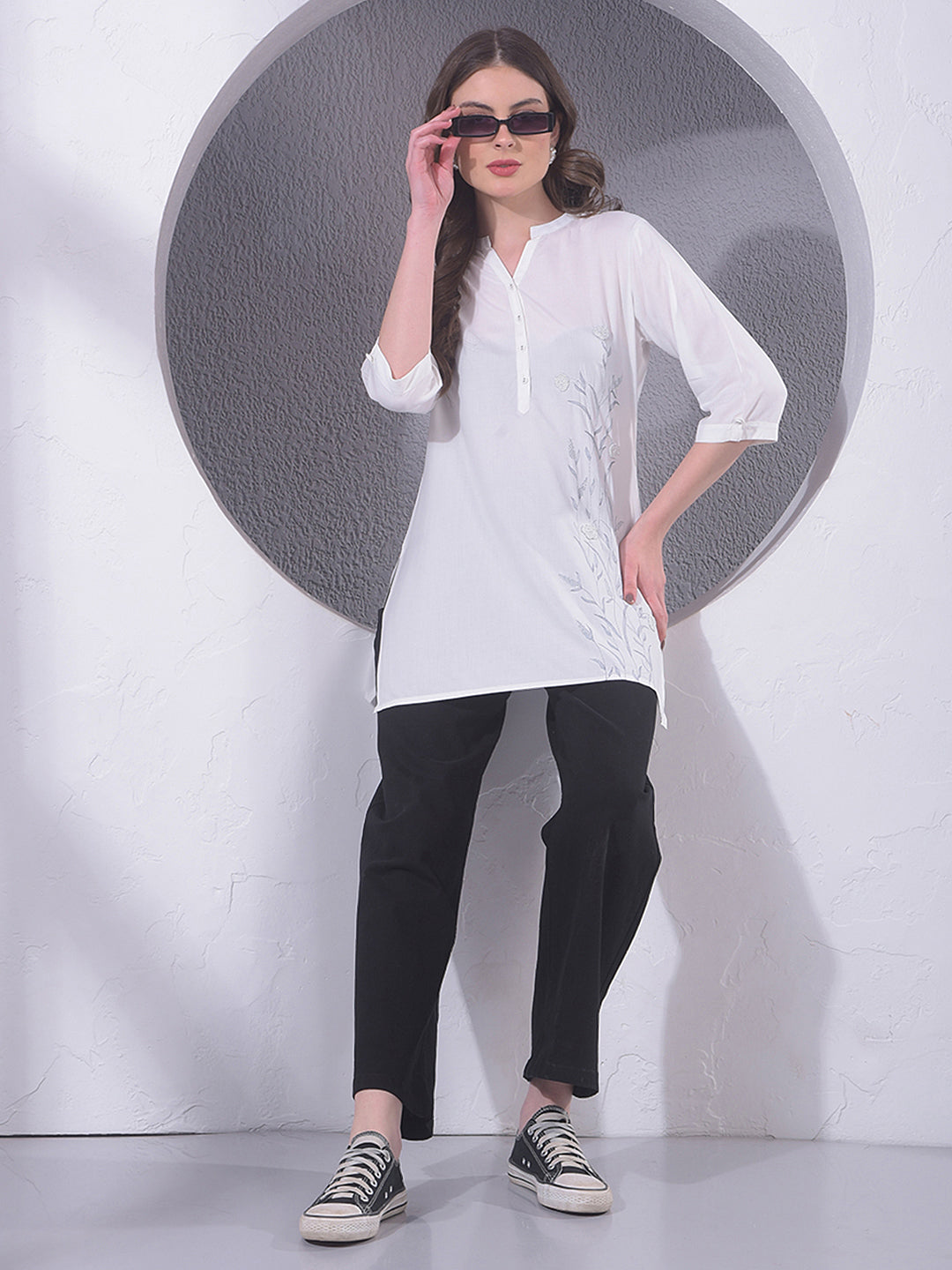 White Embroidered Mid-Thigh Length V-Neck Top