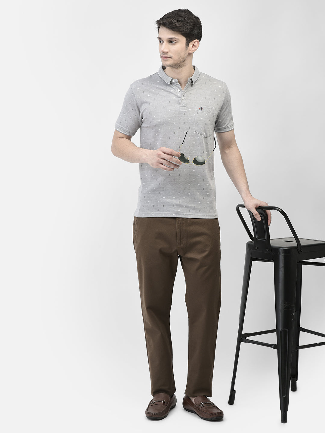 Grey Printed Polo Neck T-Shirt