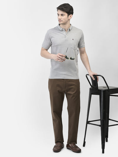 Grey Printed Polo Neck T-Shirt