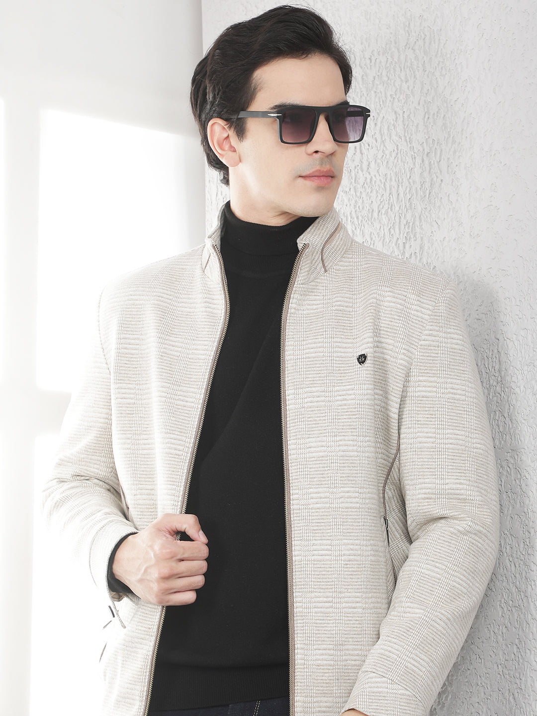 Beige Checked Bomber Jacket