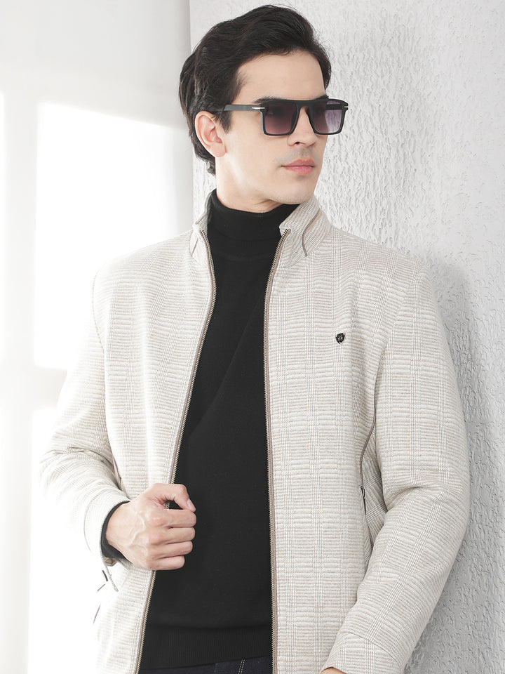 Beige Checked Bomber Jacket