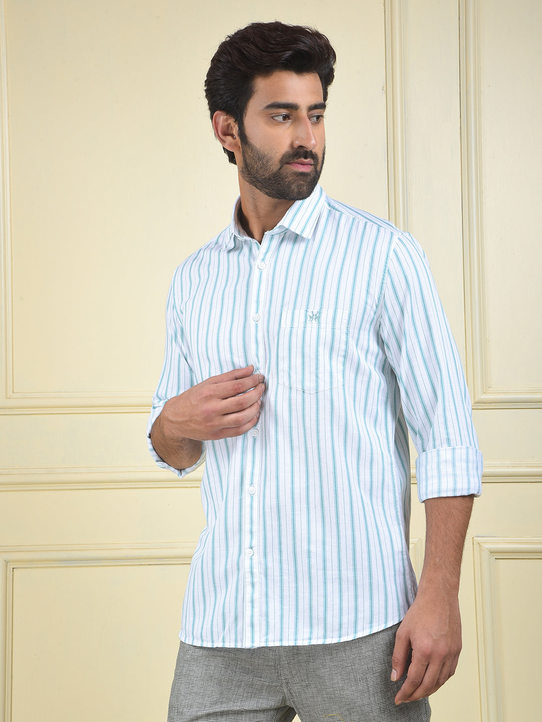 Green Vertical Stripes 100% Cotton Shirt
