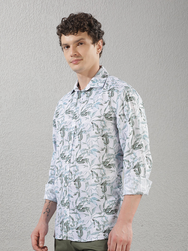 Green Botanical Print Linen Shirt