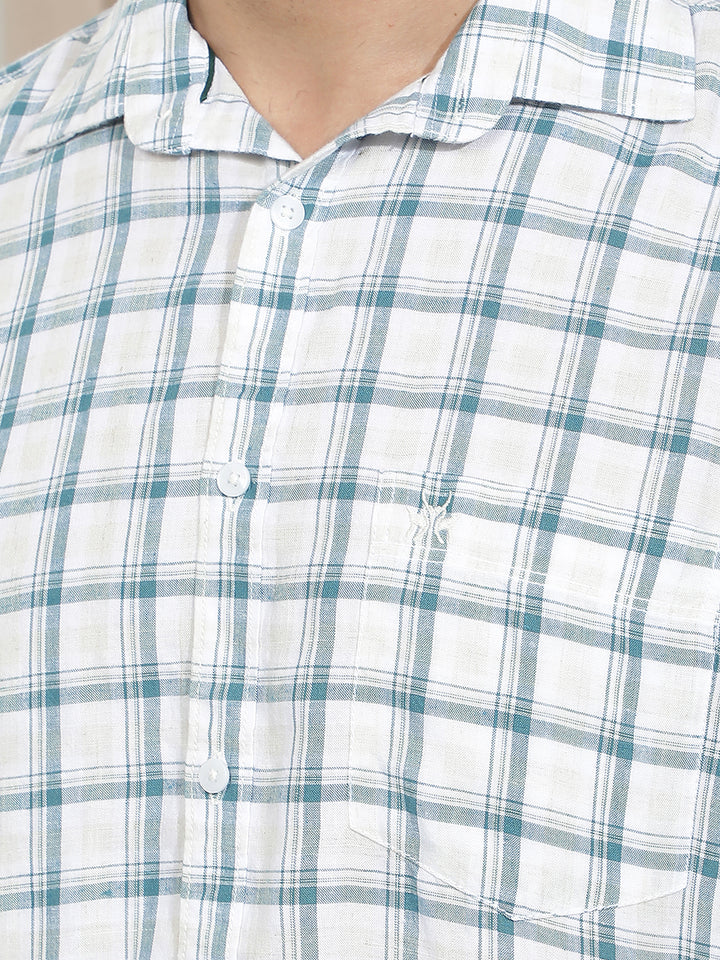 Teal Green Linen Checked Shirt