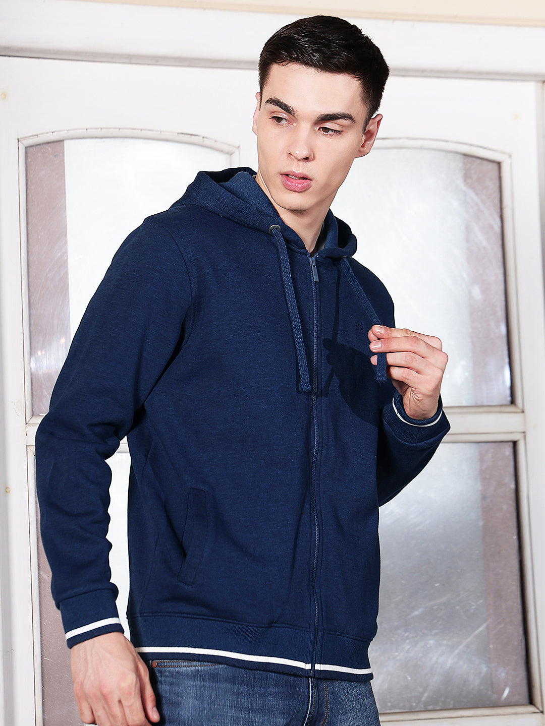 Blue Hooded Neck Front Open Sweatshirt