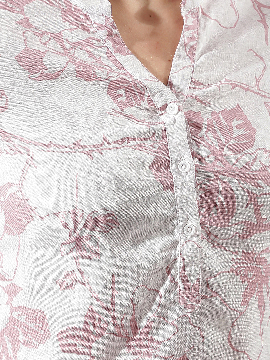 Pink Floral Print V-Neck Linen Top