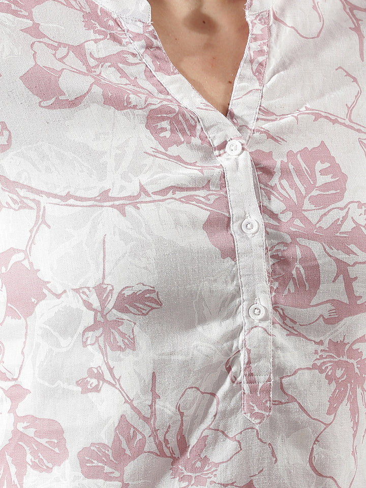 Pink Floral Print V-Neck Linen Top