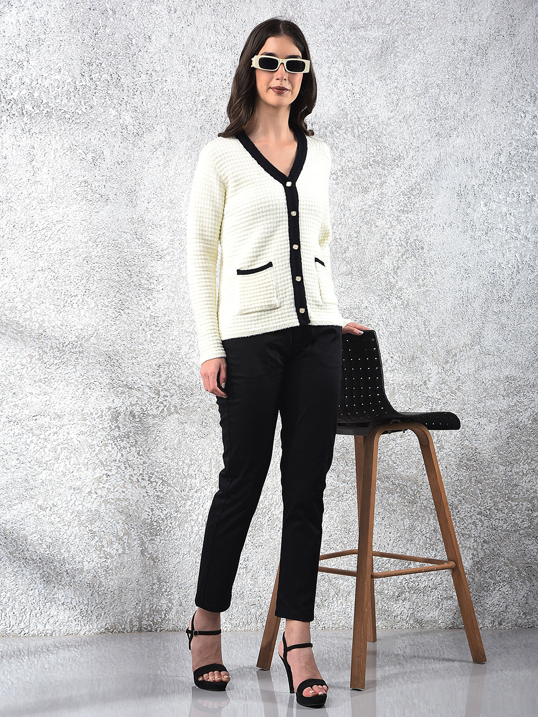 Off White V-Neck Jacquard Sweater