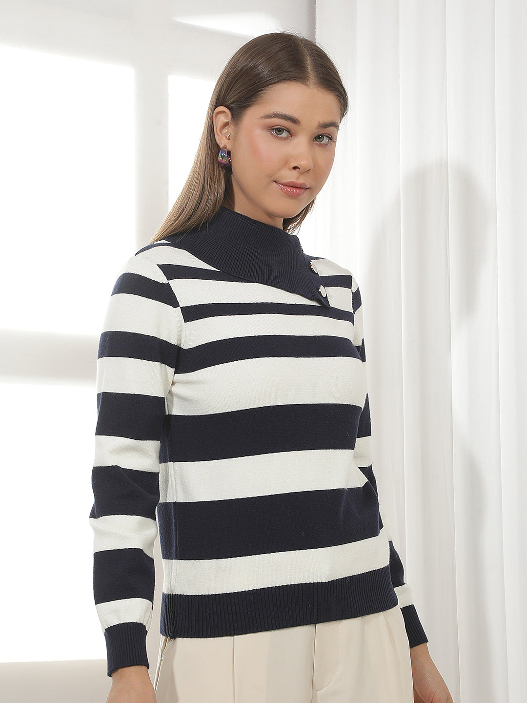Navy Blue Horizontal Stripes High Neck Sweater