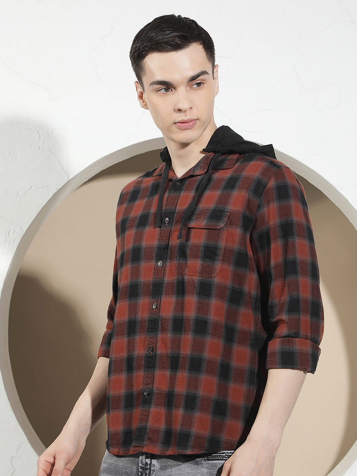 Maroon 100% Cotton Checked &amp; Hooded Shirt