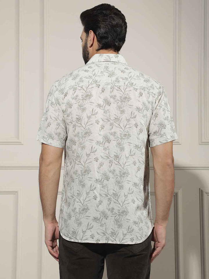 Green Floral Print Linen Shirt