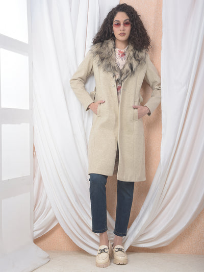 Faux Fur Trim Beige Belted Over-Coat