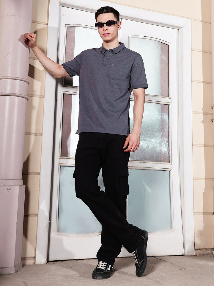 Blue Textured Polo Neck T-Shirt