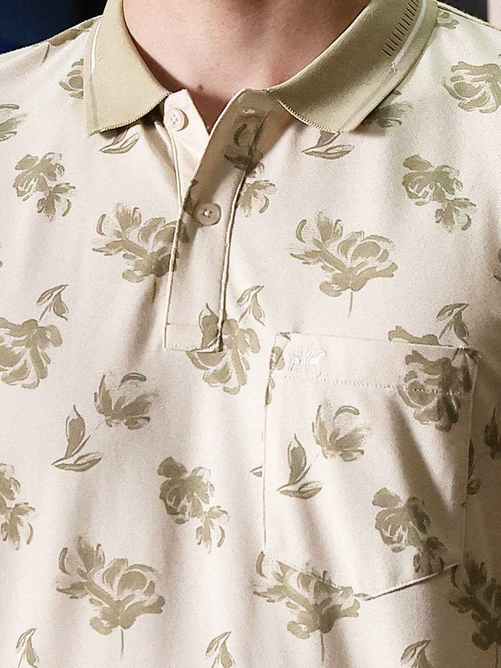 Beige Floral Print Polo Neck T-Shirt