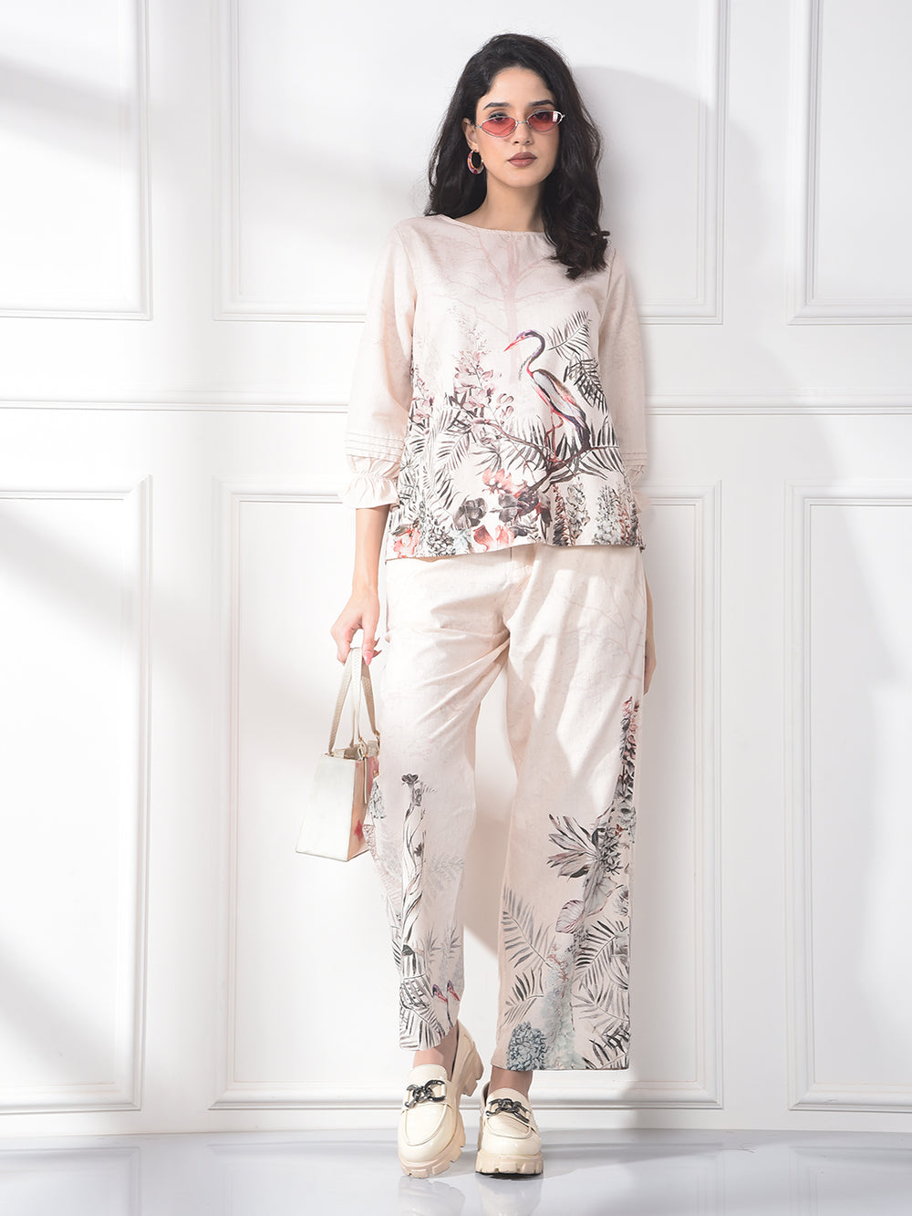 Peach Floral Print Linen Straight Trousers
