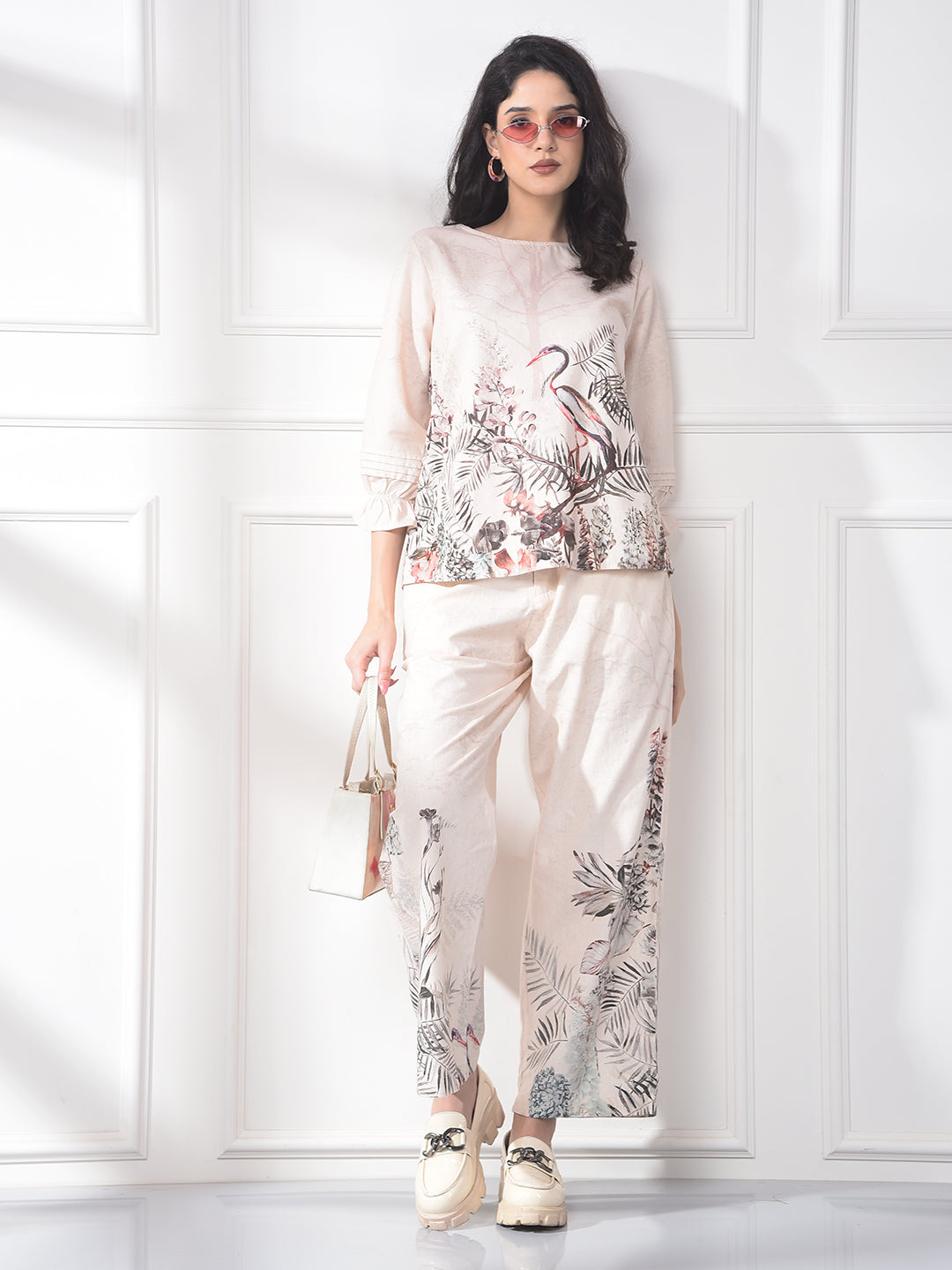 Peach Floral Print Linen Straight Trousers