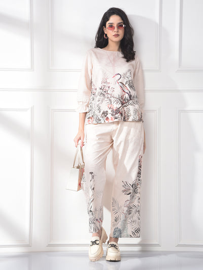 Peach Floral Print Linen Straight Trousers