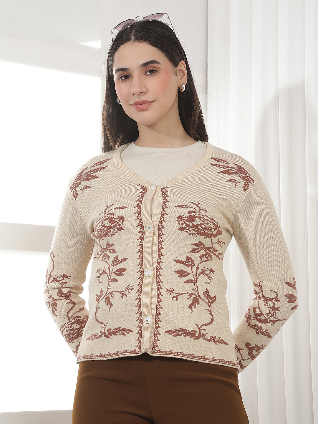 Beige Floral Print V-neck Cardigan