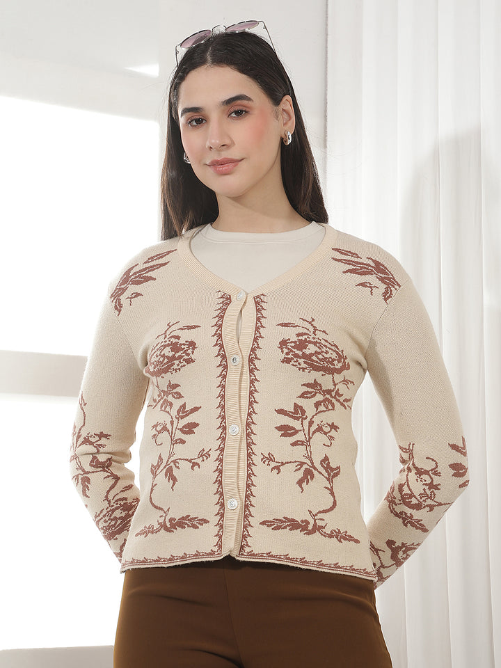 Beige Floral Print V-neck Cardigan