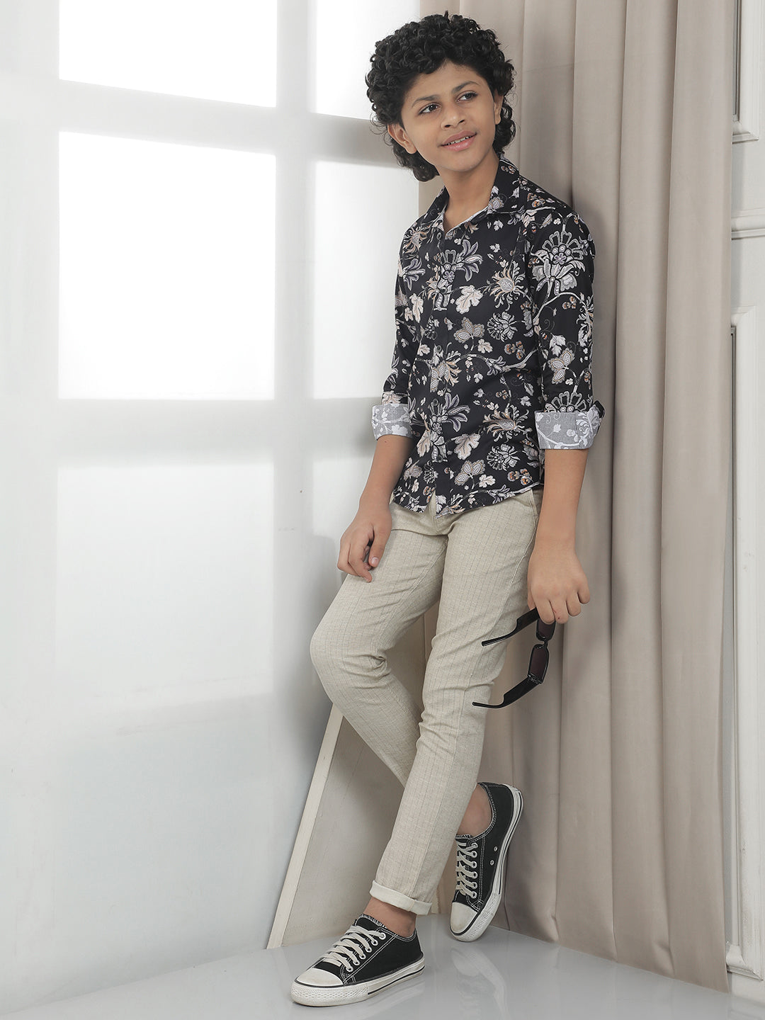 Black 100% Cotton Floral Print Shirt