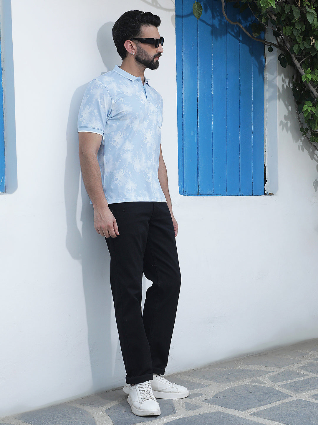 Blue Floral Print Polo Neck T-Shirt