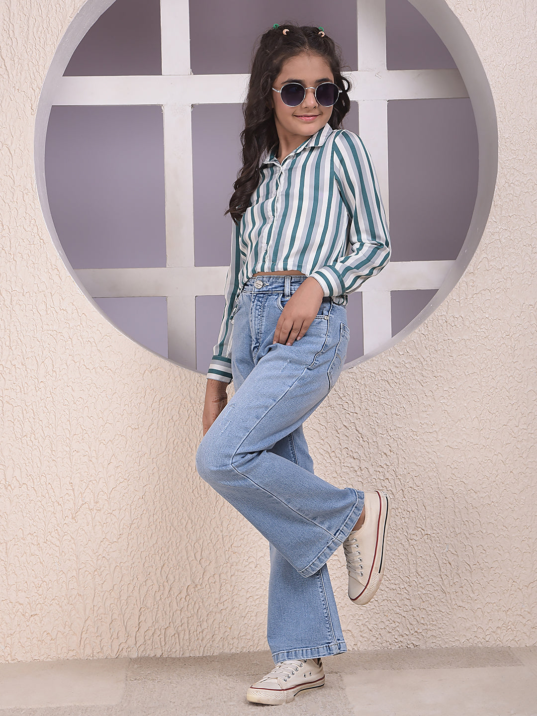 Green Vertical Stripes Modal Cropped Shirt