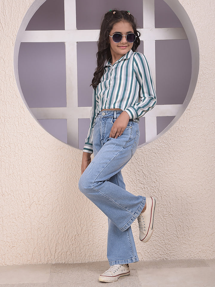 Green Vertical Stripes Modal Cropped Shirt