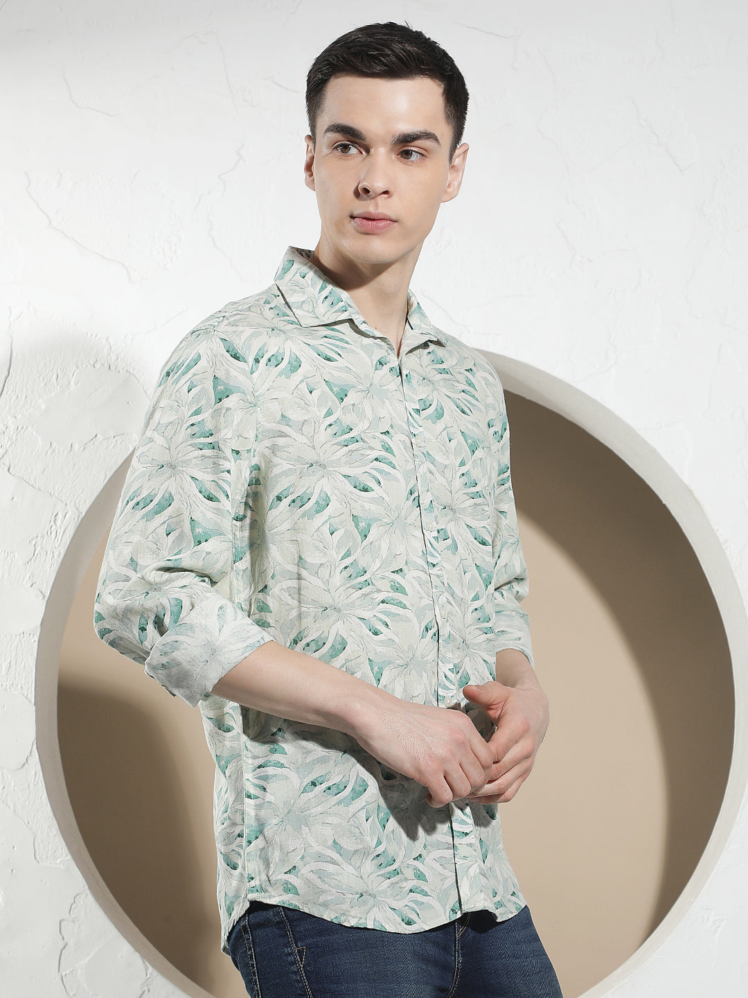 Green Floral Print Linen Shirt