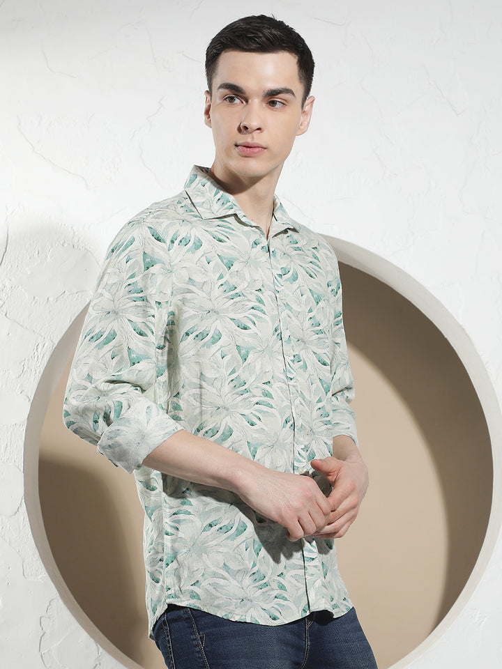 Green Floral Print Linen Shirt