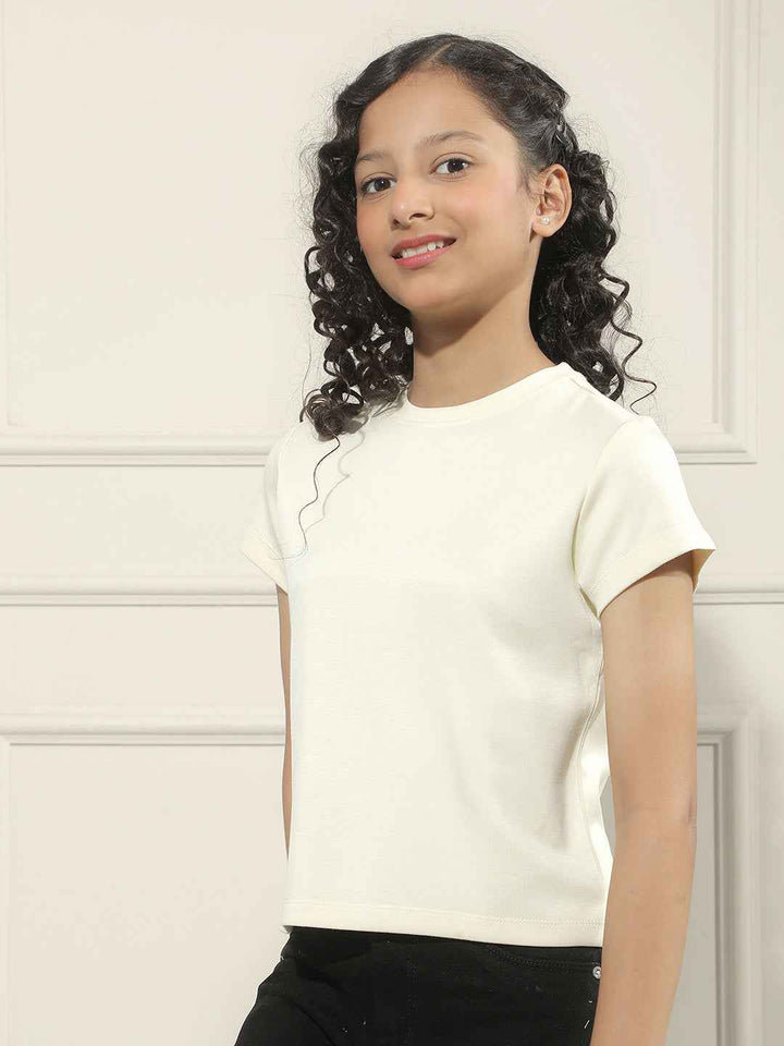 Cream Cropped Casual T-Shirt