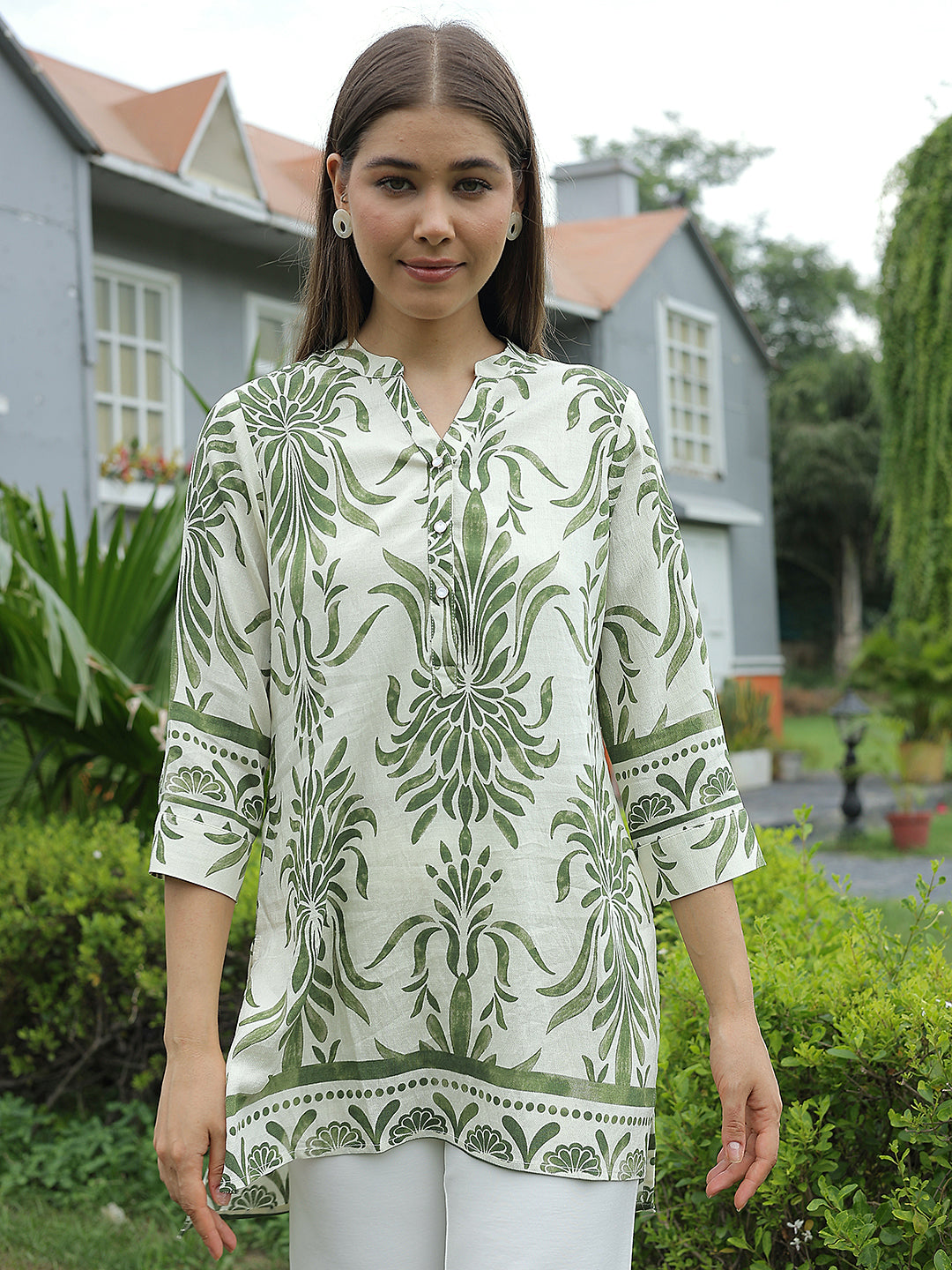 Green Floral Print V-Neck Top