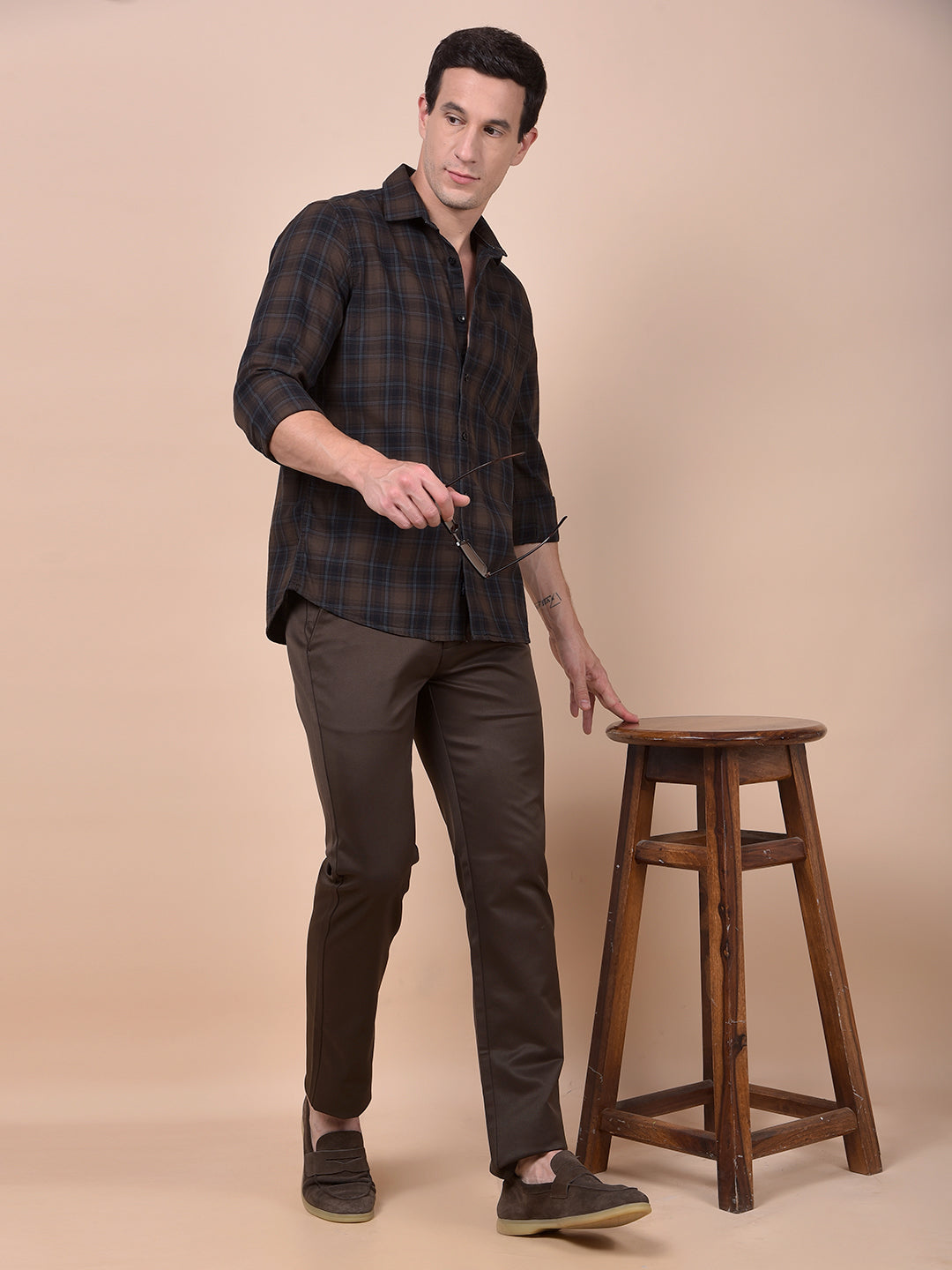 Brown Checked 100% Cotton Shirt