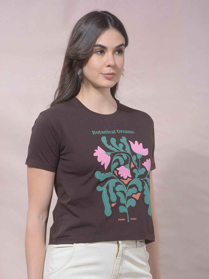 Brown Floral Print Cropped T-Shirt