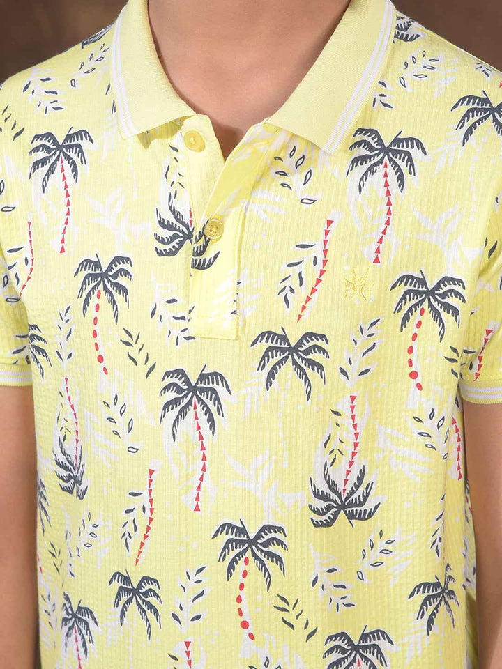 Yellow Floral Print Polo Neck T-Shirt